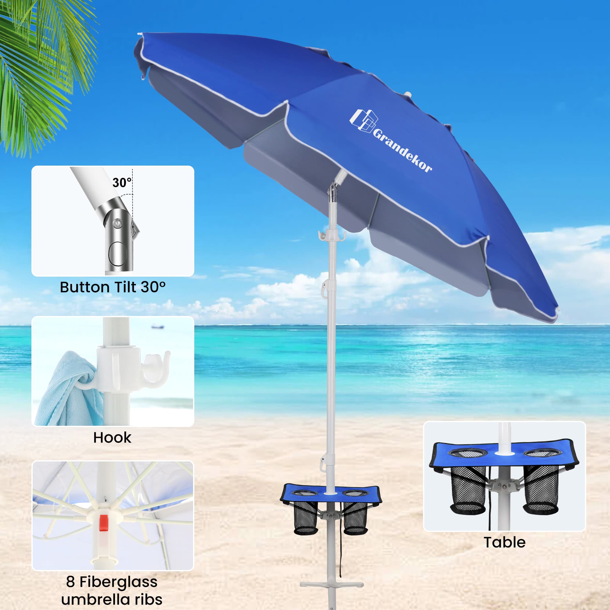 Beach umbrella hook provides a convenient spot to hang towels and bags.