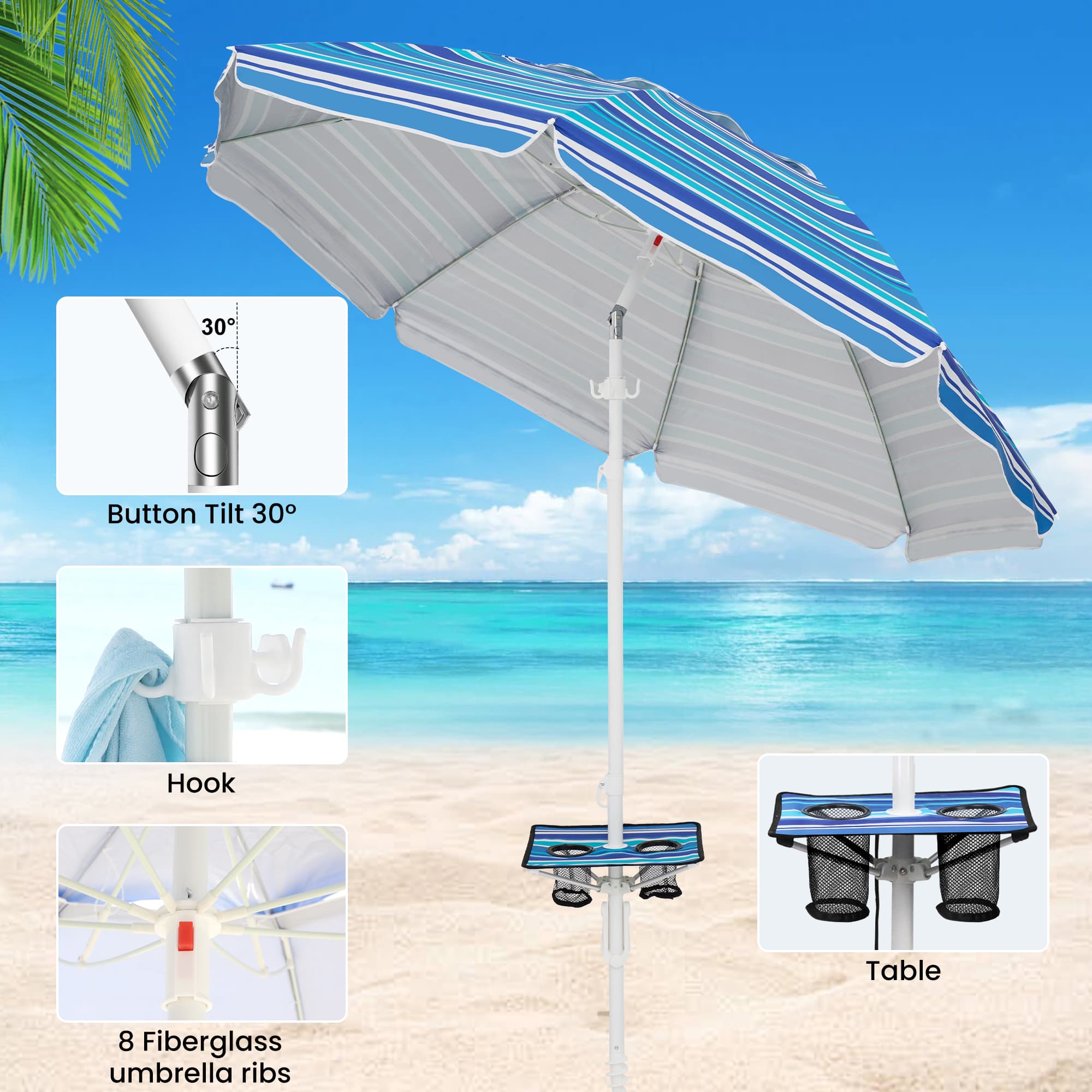 Beach umbrella hook provides a convenient spot to hang towels and bags.