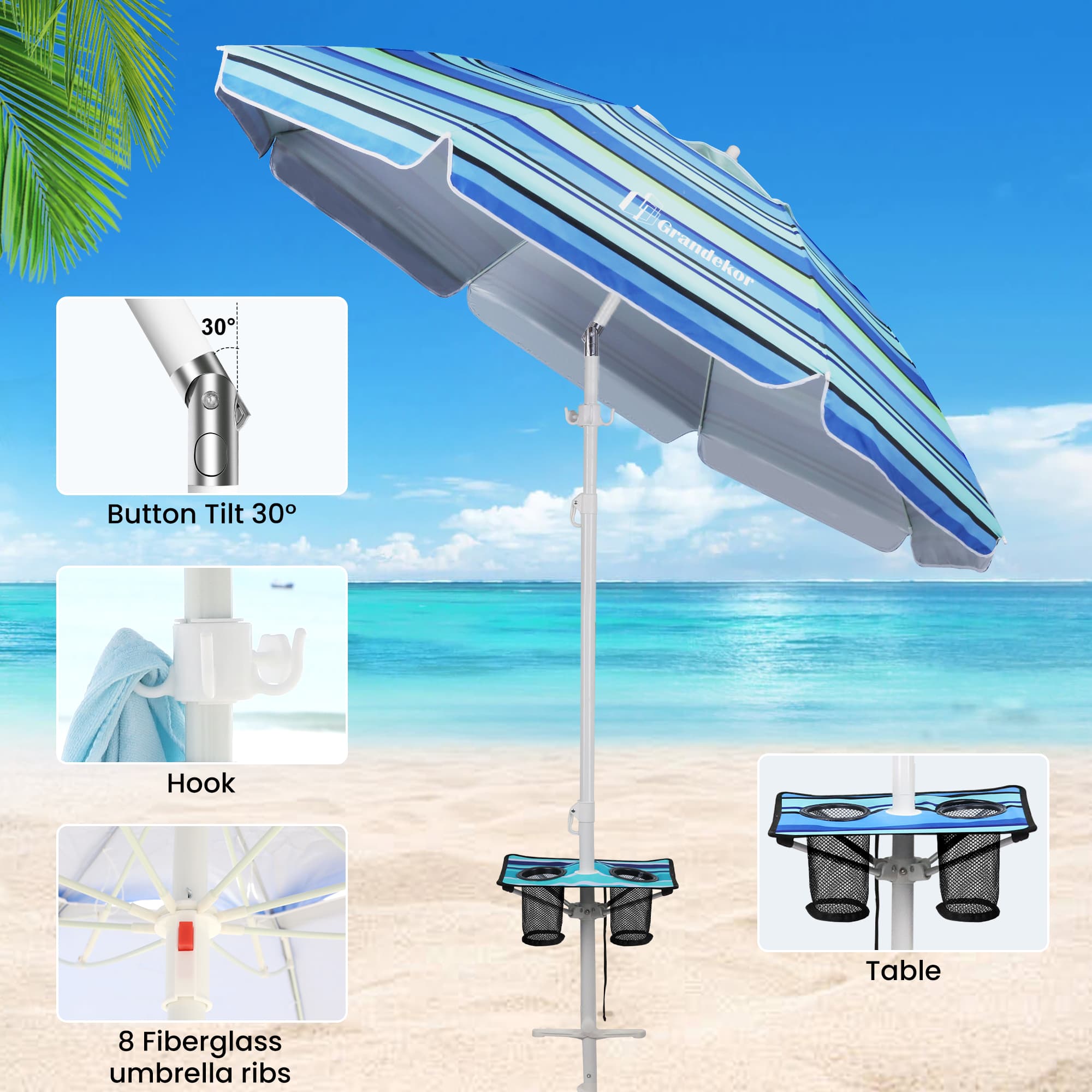 Beach umbrella hook provides a convenient spot to hang towels and bags.
