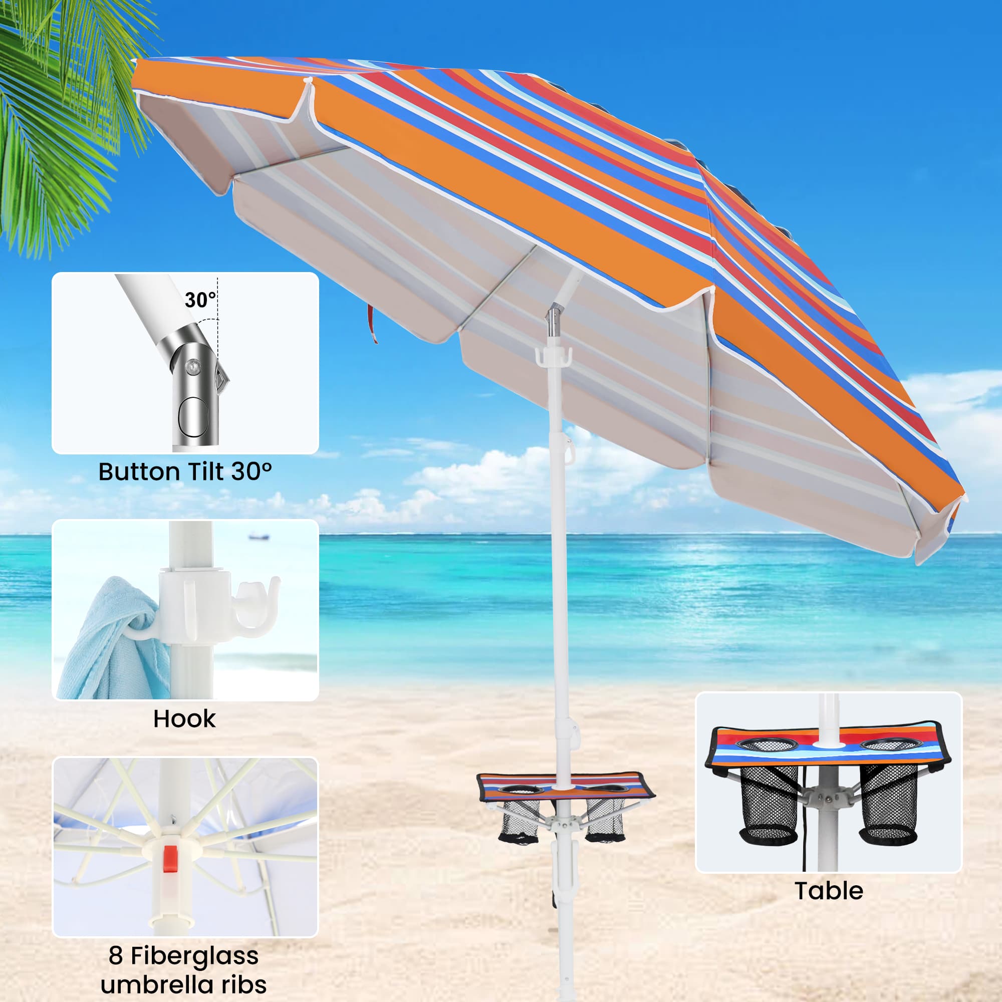 Beach umbrella hook provides a convenient spot to hang towels and bags.