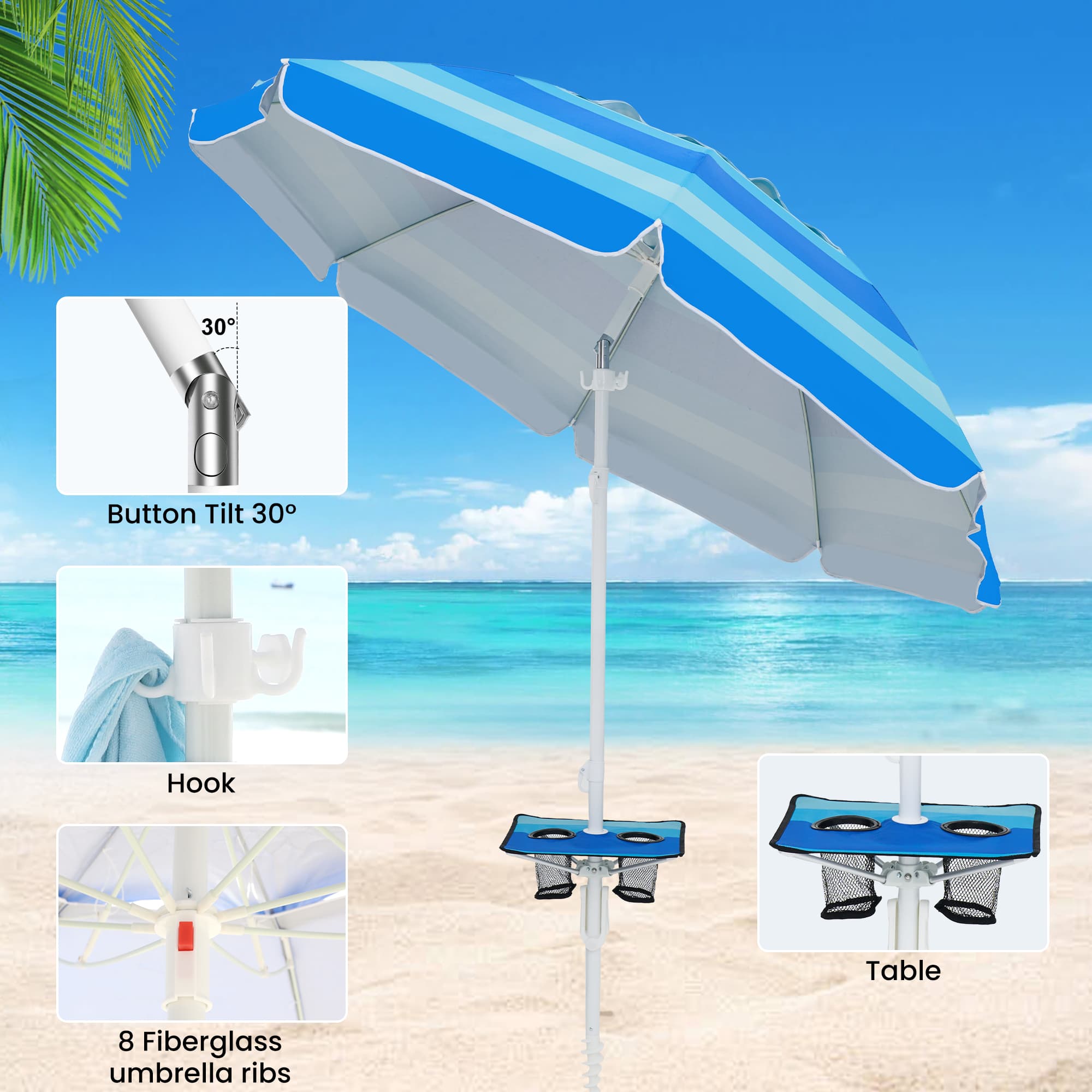 Beach umbrella hook provides a convenient spot to hang towels and bags.