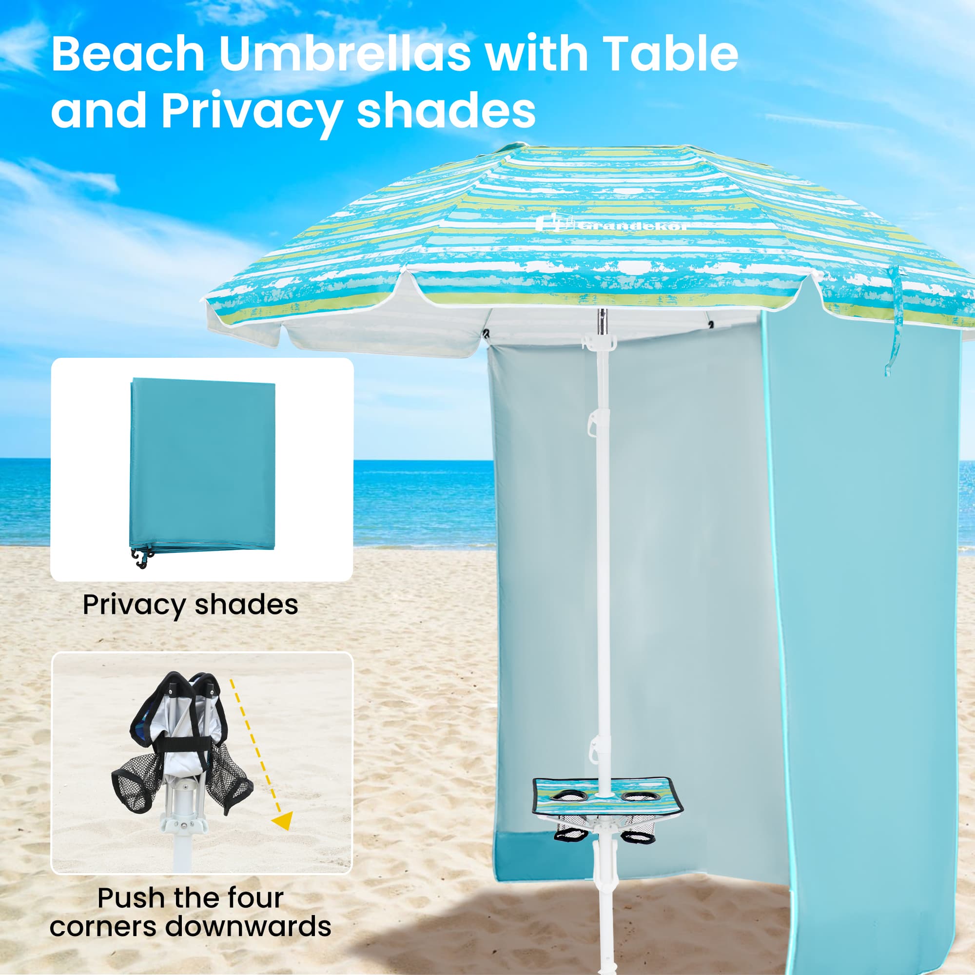 A beach umbrella watercolor design brings a serene vibe to the beach.