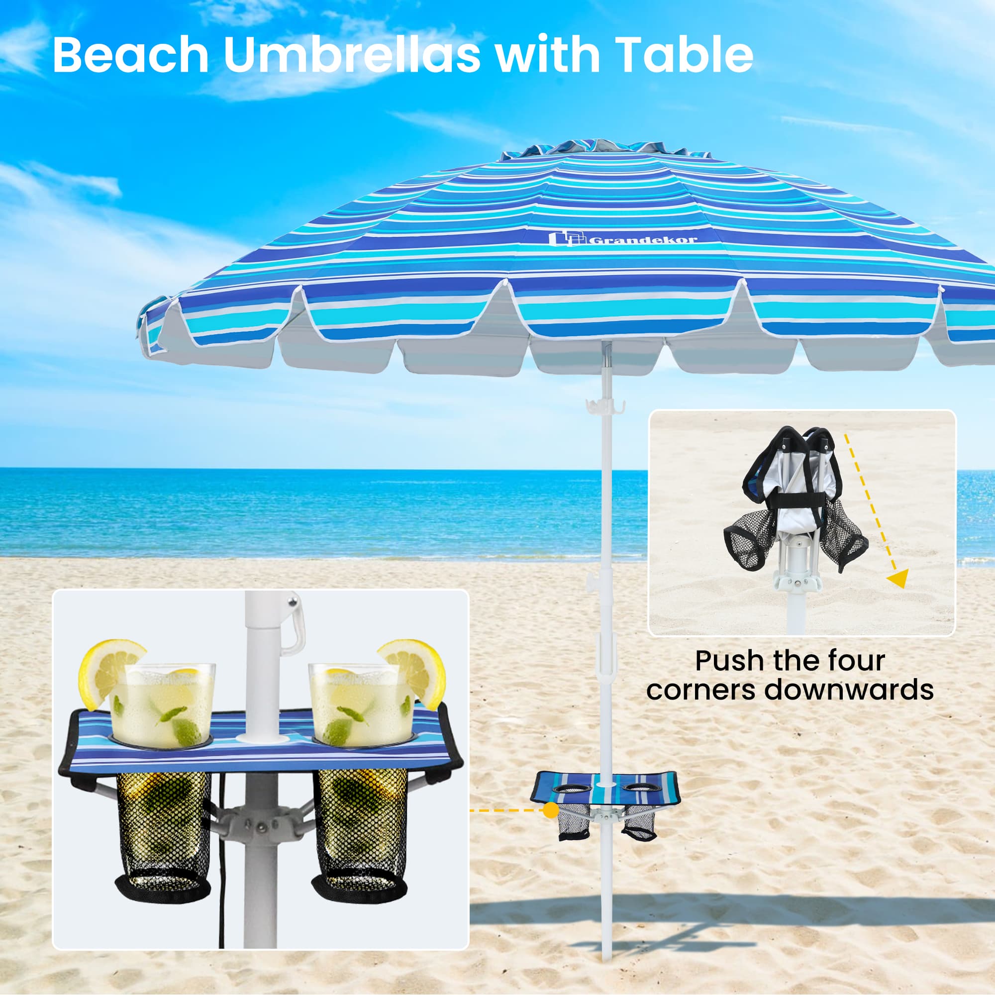 A beach umbrella with a table offers shade and convenience.