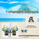 A beach umbrella with a table offers shade and convenience.
