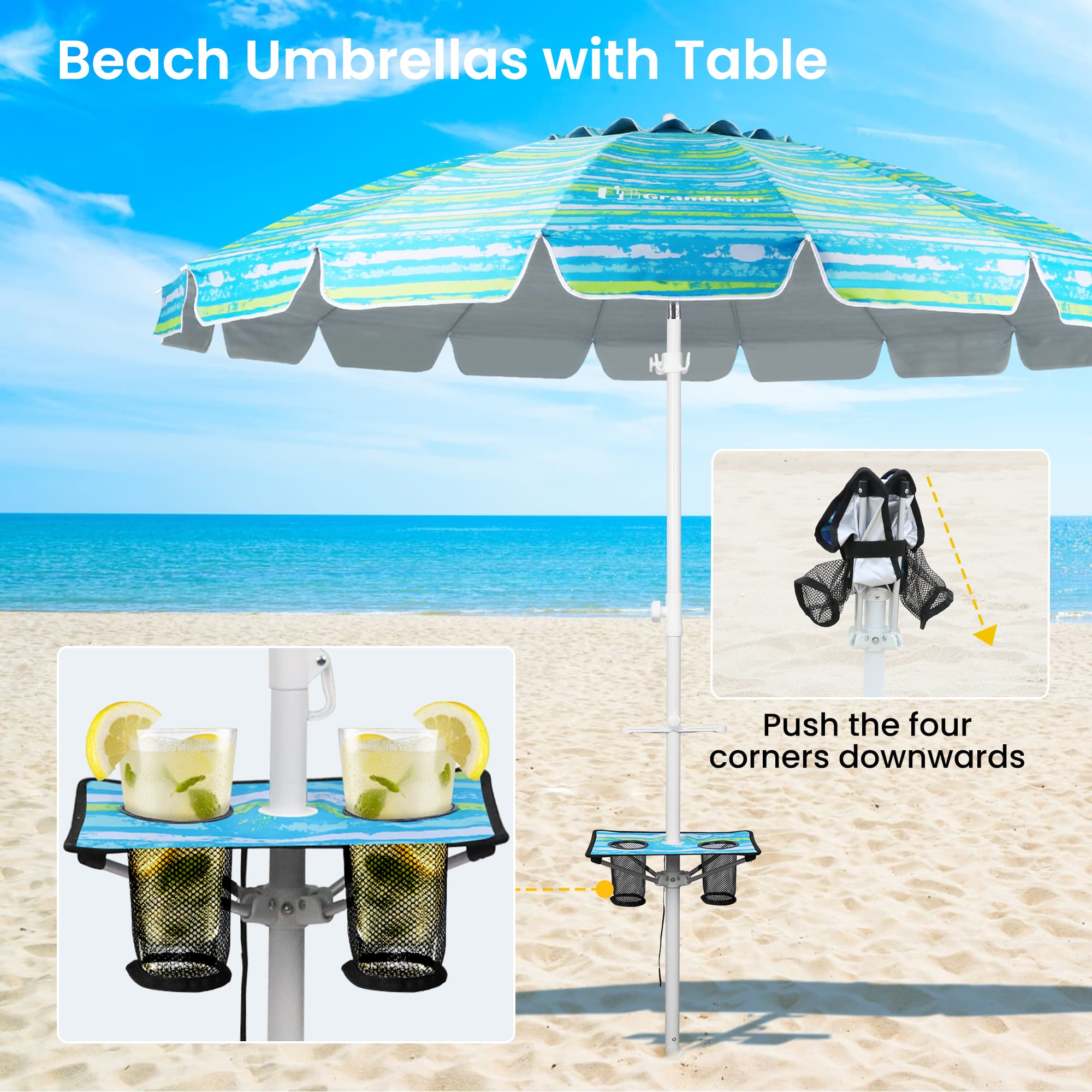 A beach umbrella with a table offers shade and convenience.