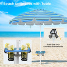 A beach umbrella with a table offers shade and convenience.