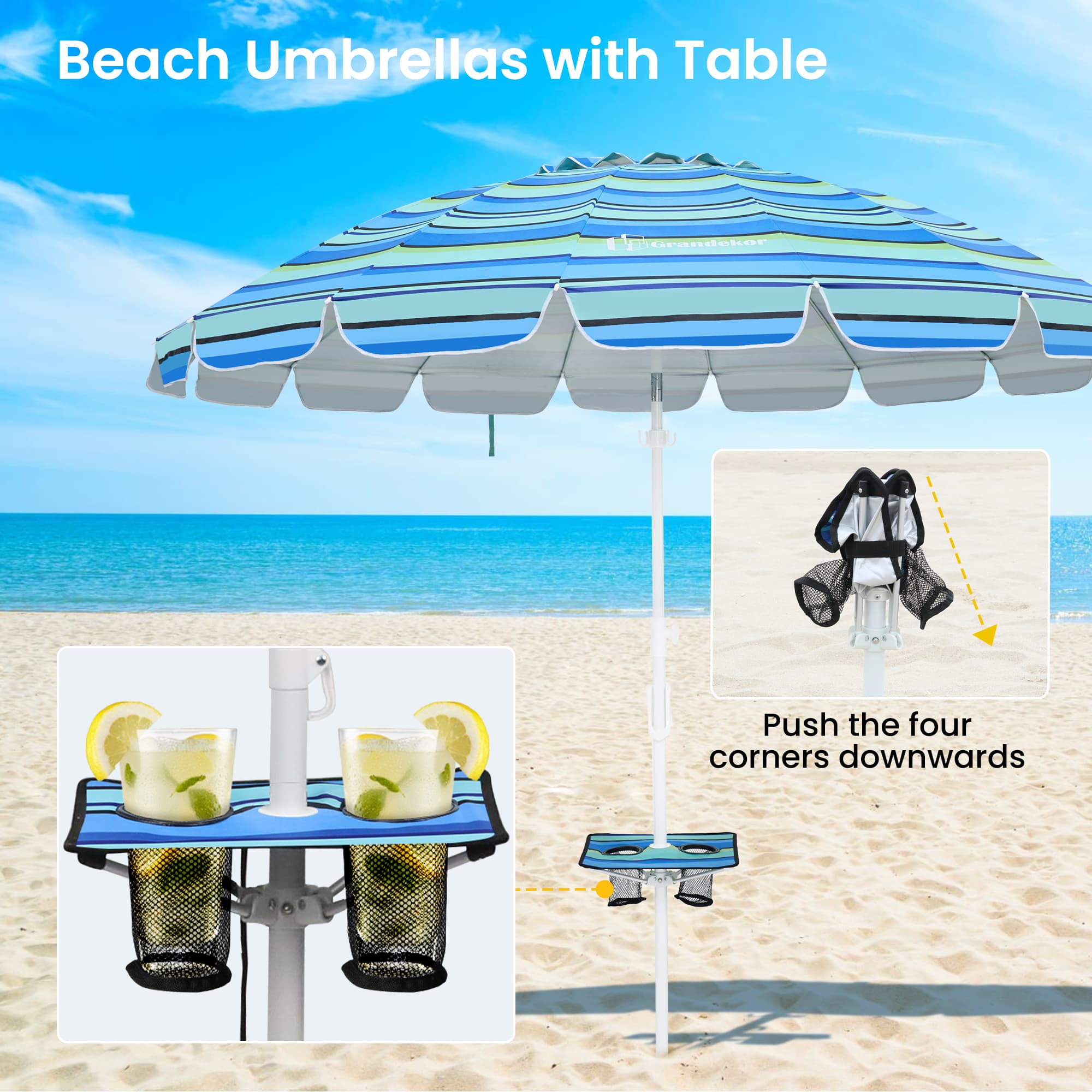 A beach umbrella with a table offers shade and convenience.