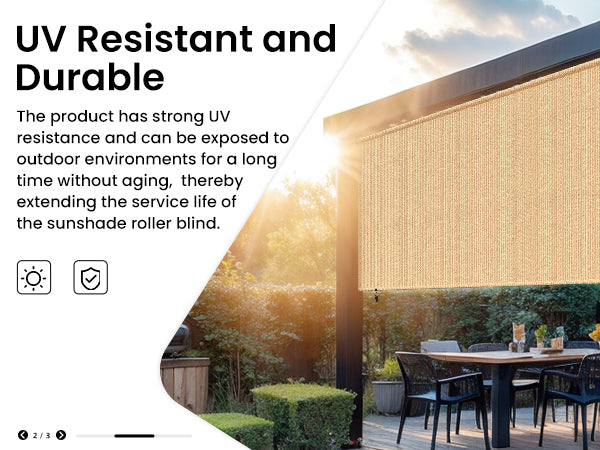 These outdoor roller shade blinds offer privacy and UV defense.