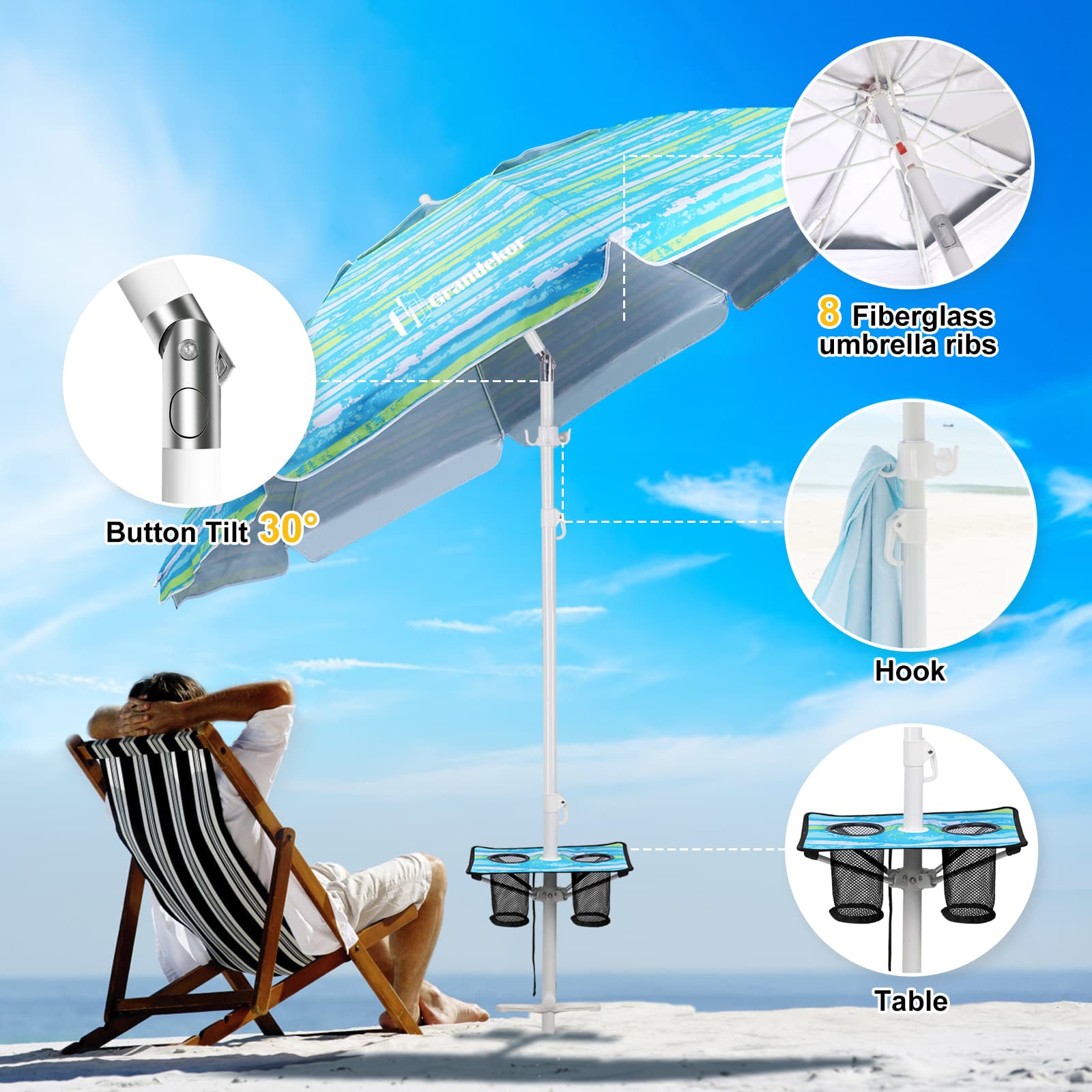 Grandekor sturdy beach umbrella with table and a hook, built-in a tilt mechanism to adjust the angle of the shade.