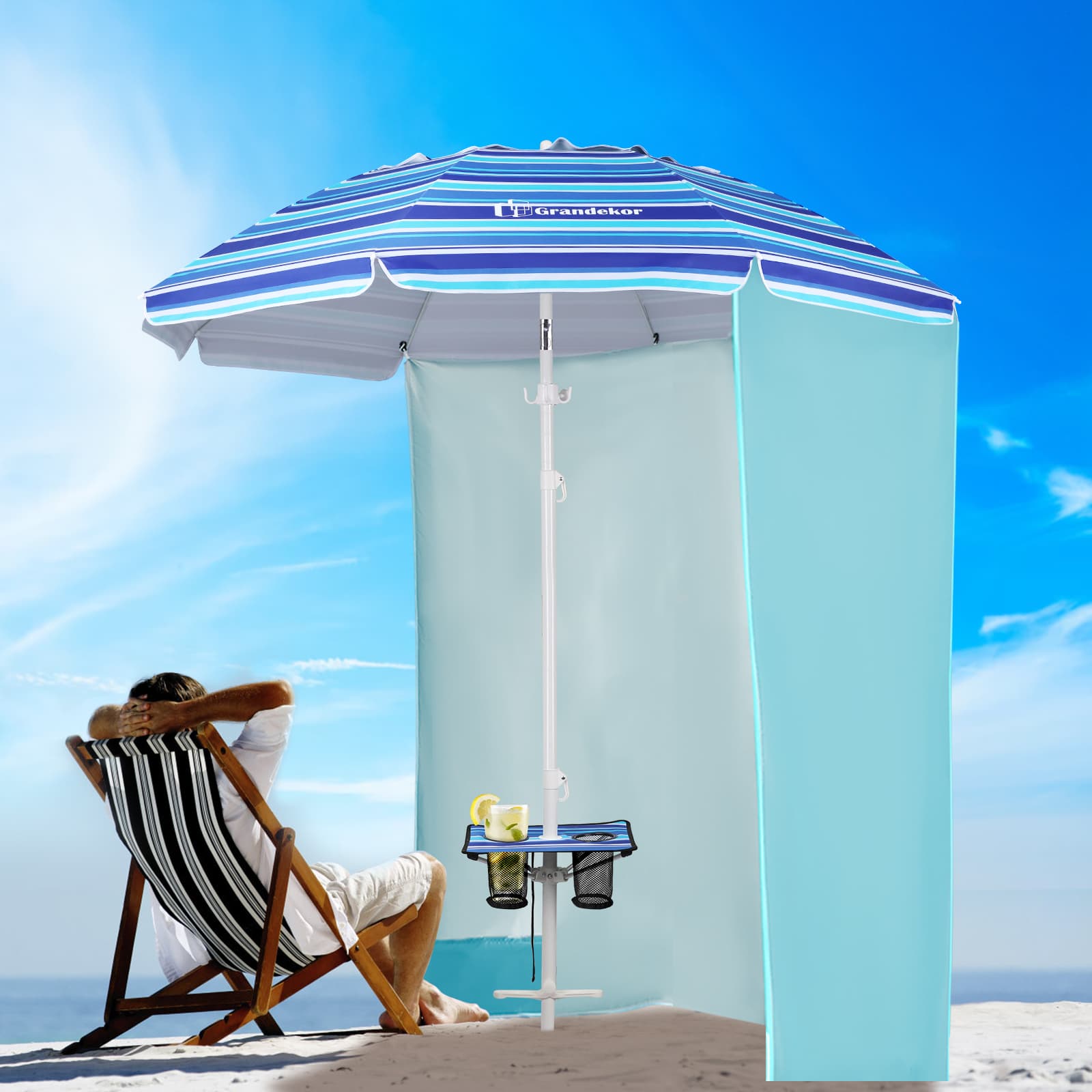 Enjoy the beach with a stylish beach umbrella striped for maximum shade.