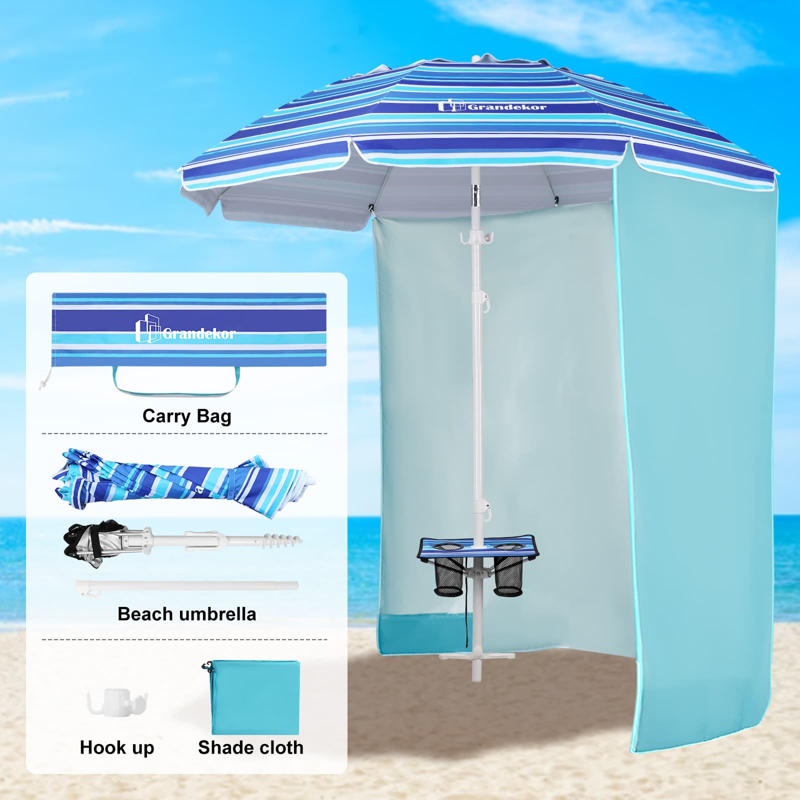 Grandekor beach umbrella packable with carry bag and shade cloth