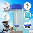 Beach umbrella windproof and sturdy built-in a tilt, hook, table, shade cloth and carry bag.