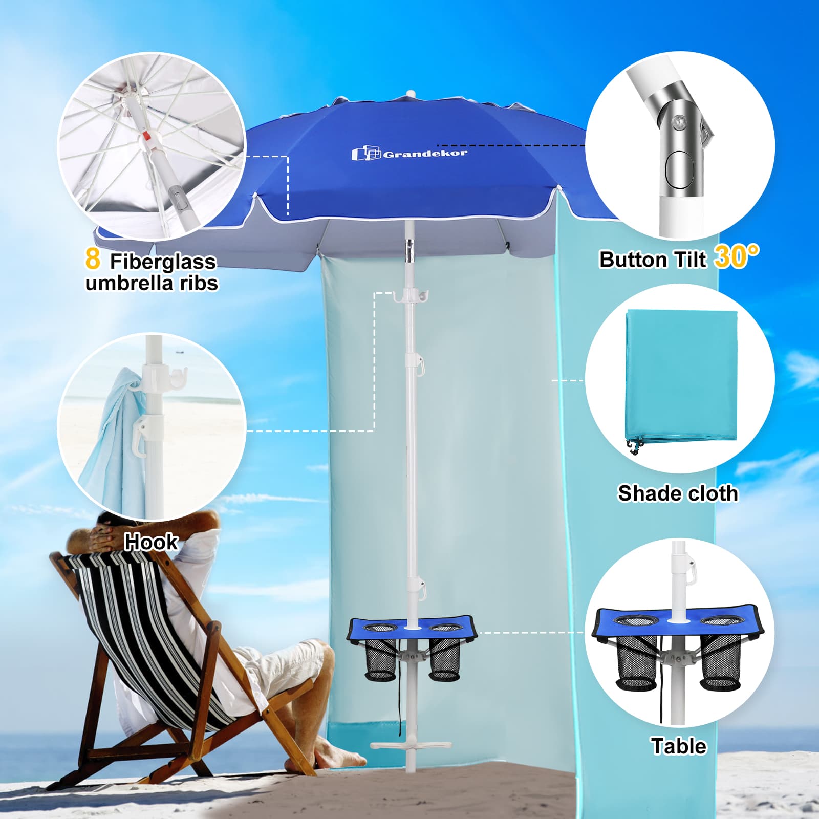 Beach umbrella windproof and sturdy built-in a tilt, hook, table, shade cloth and carry bag.