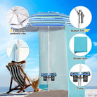 Beach umbrella windproof and sturdy built-in a tilt, hook, table, shade cloth and carry bag.