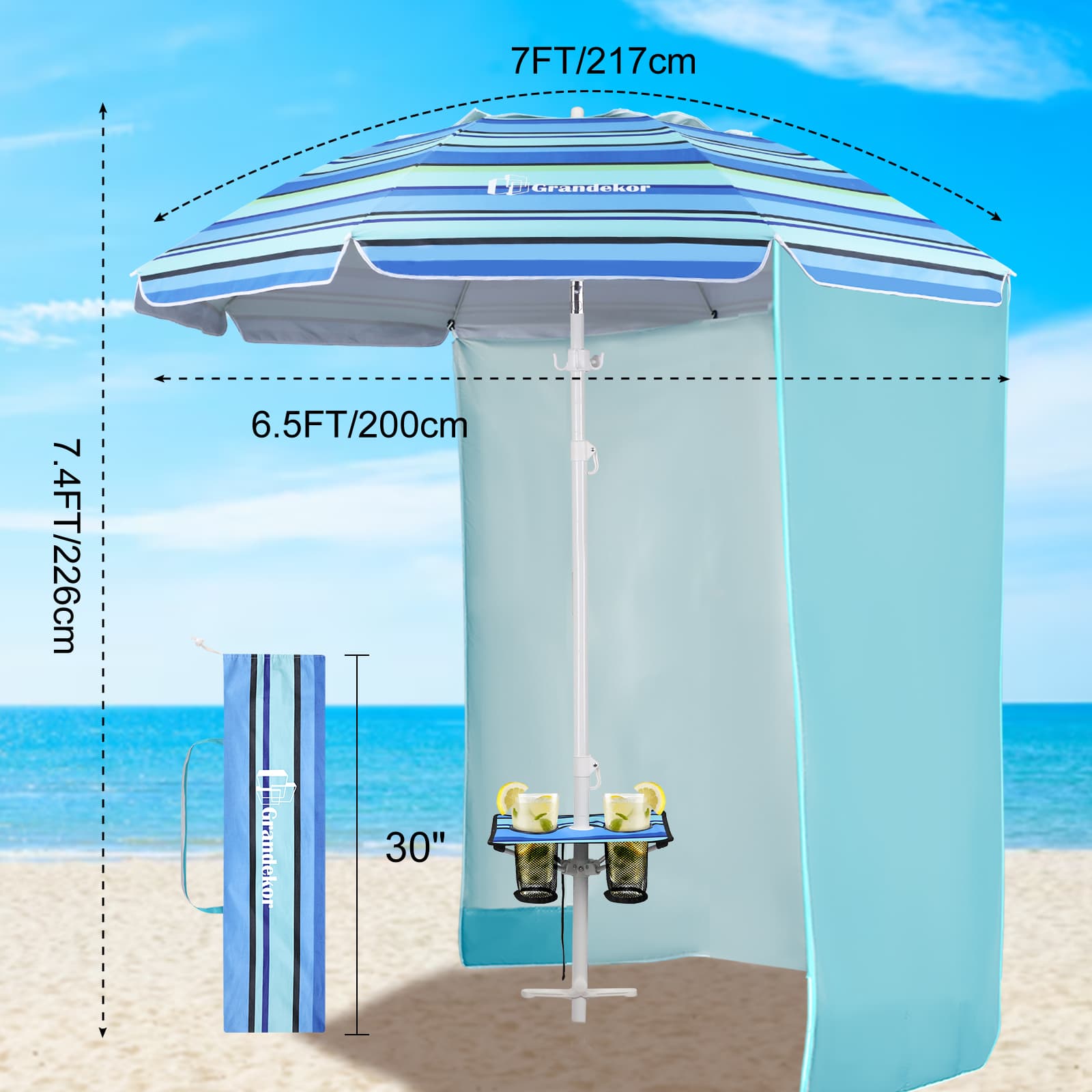 Grandekor 7 foot beach umbrella with shade cloth, hook, carry bag and stowable beverage table
