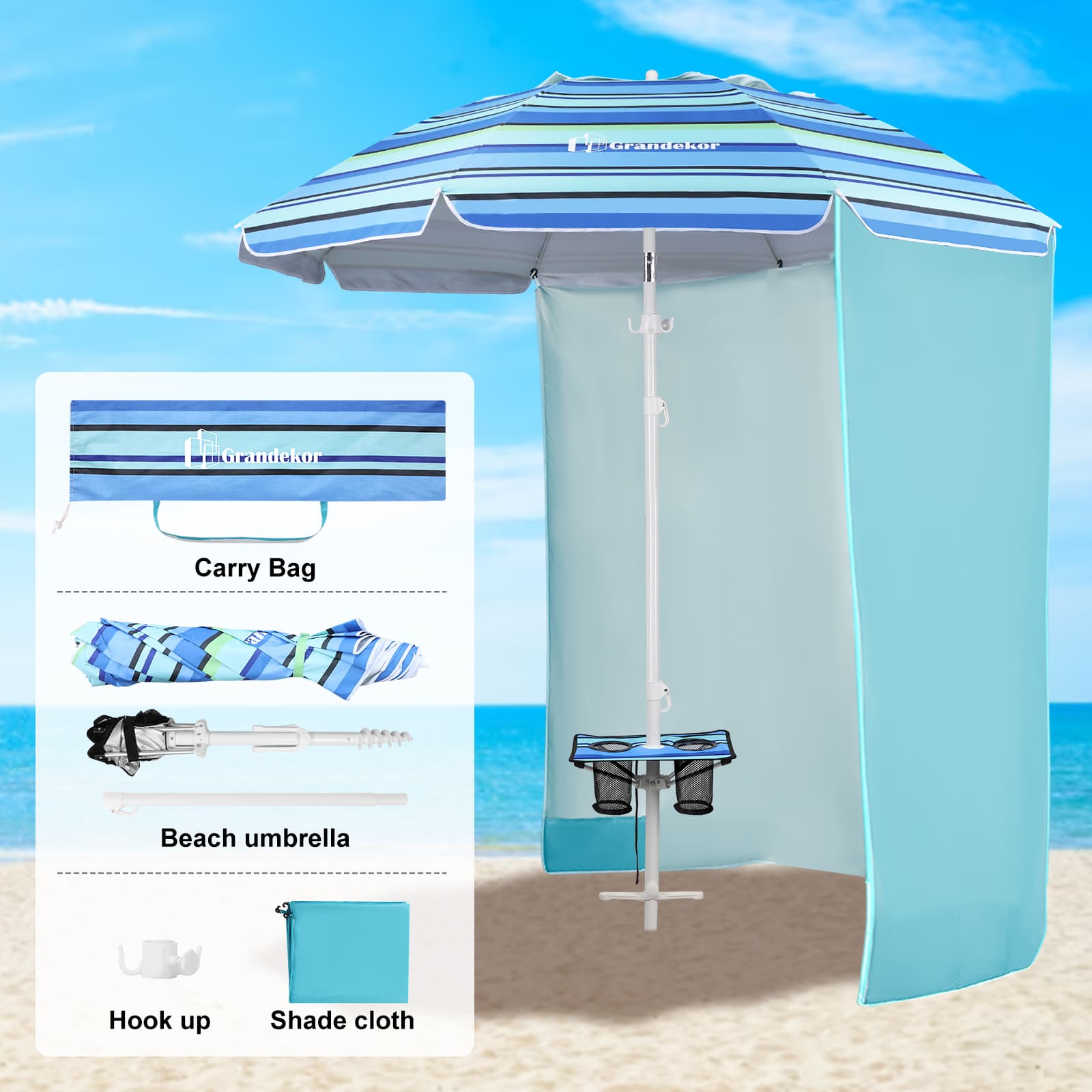 Grandekor beach umbrella packable with carry bag and shade cloth