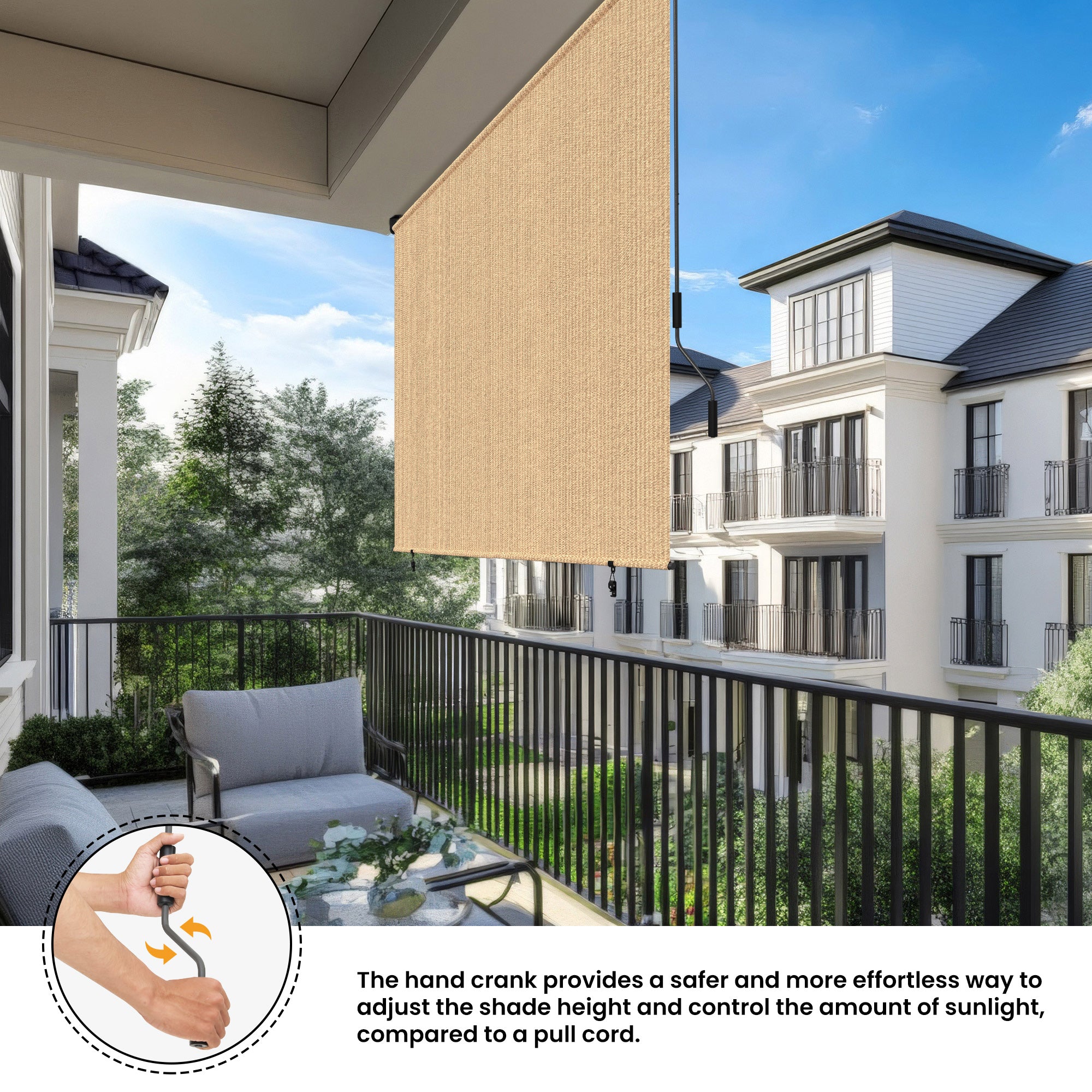 Outdoor window shade screens filter sunlight and add privacy.