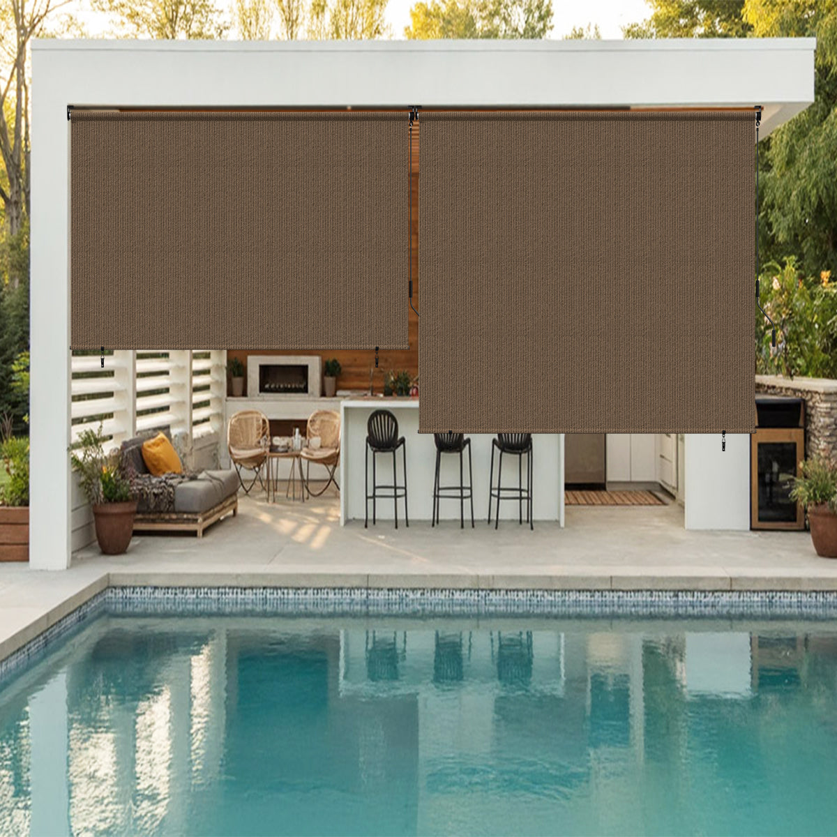 Outdoor window shade screens filter sunlight and add privacy.