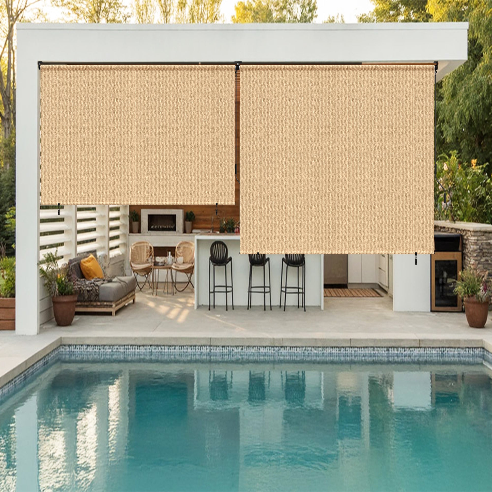 Outdoor window shade screens filter sunlight and add privacy.