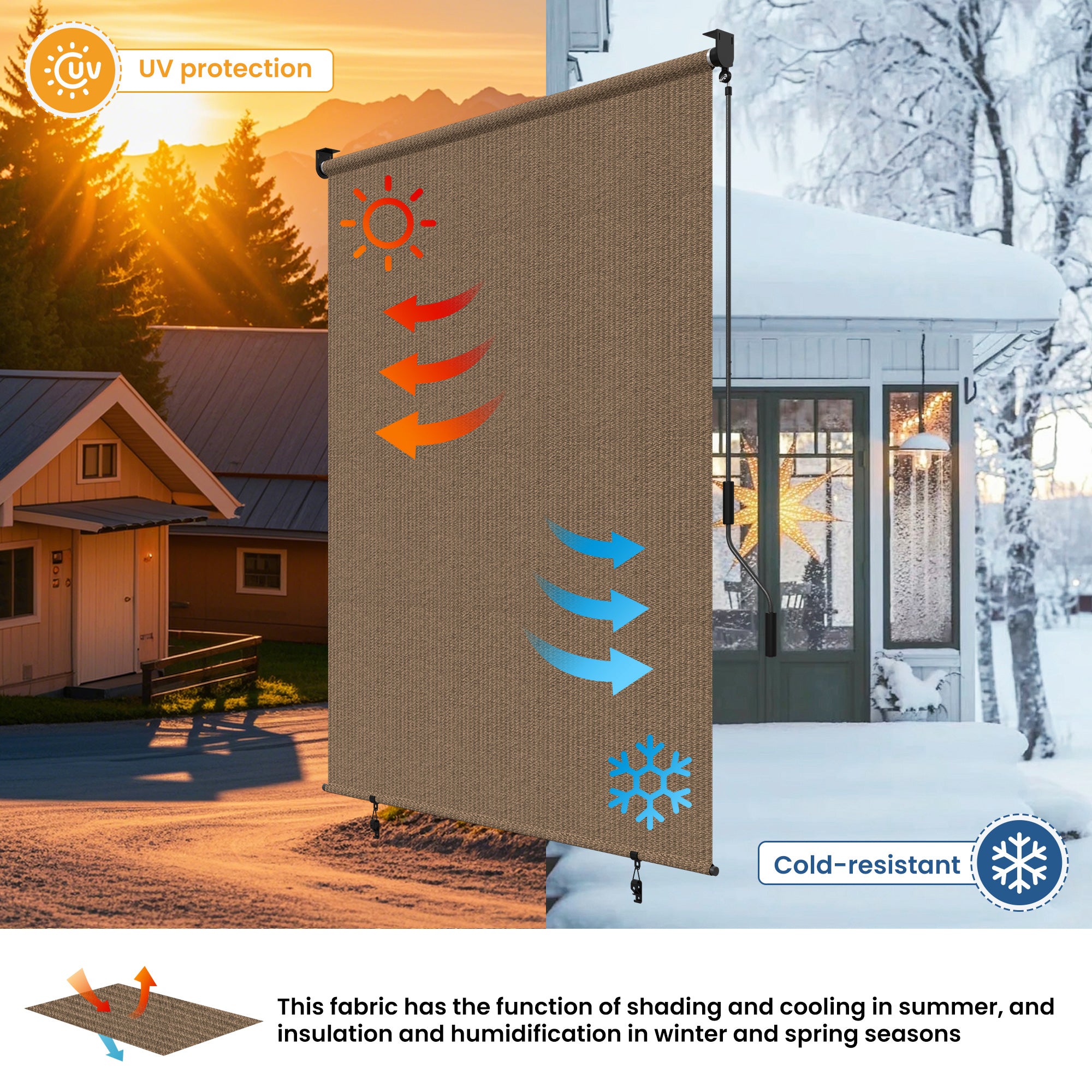 Outdoor window shade screens filter sunlight and add privacy.