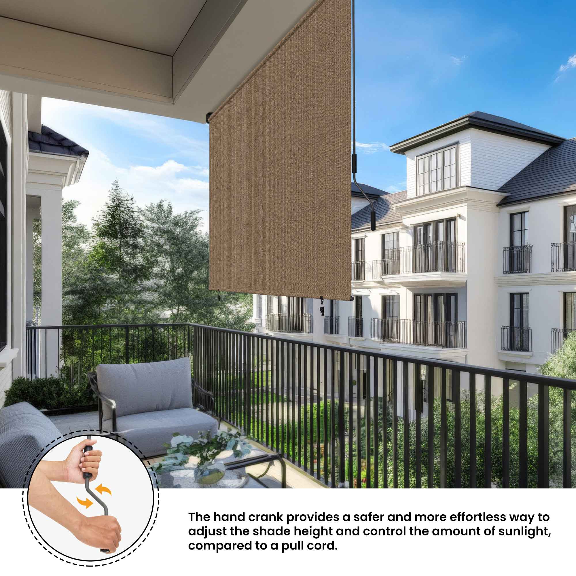 Outdoor window shade screens filter sunlight and add privacy.