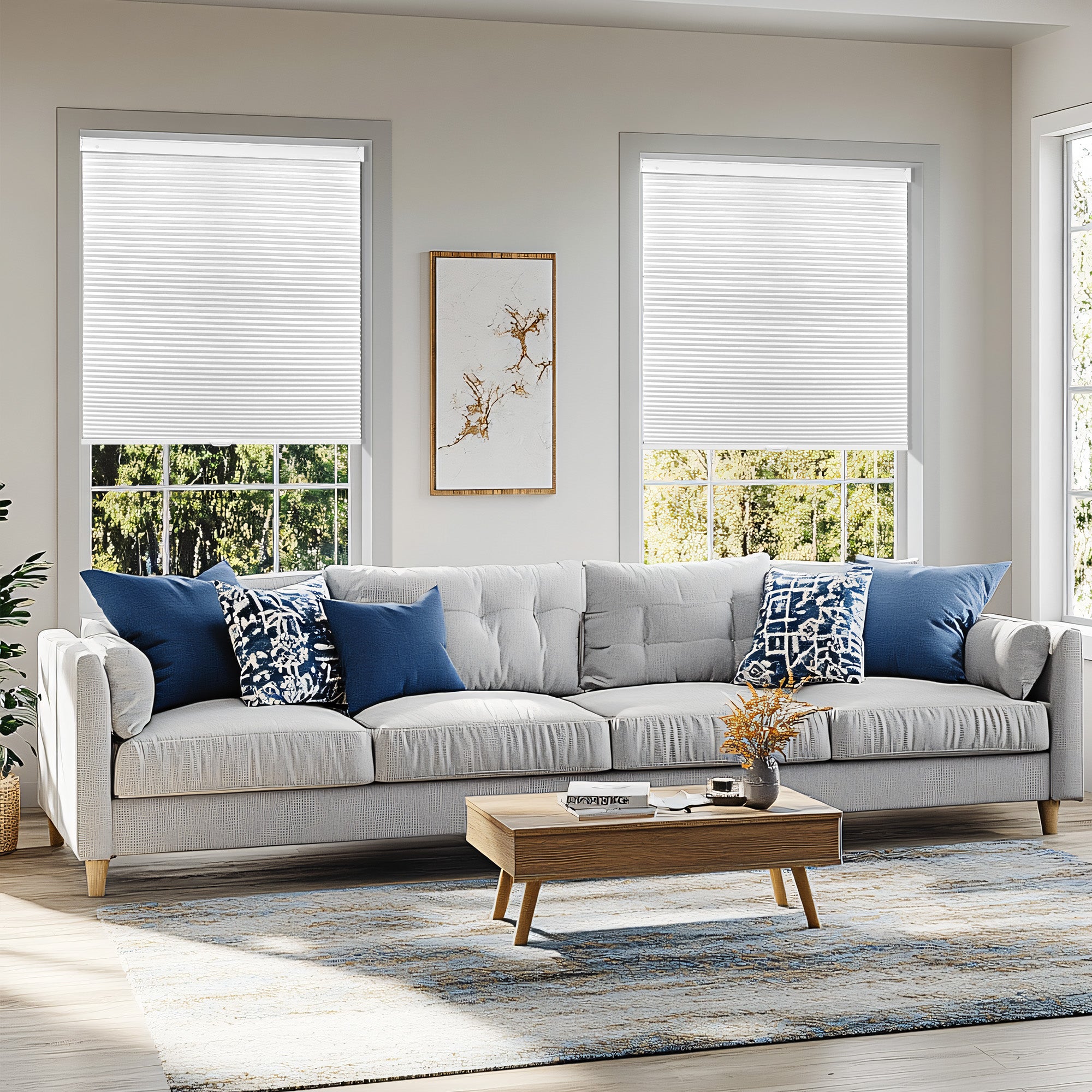 Sun-blocking window shades for glare-free and cooler indoor spaces.
