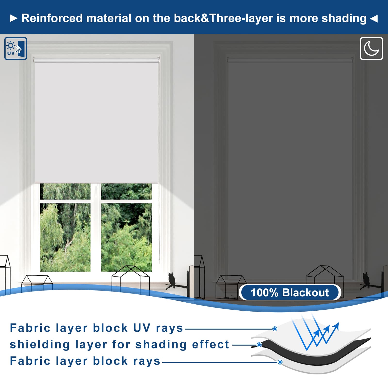 Innovative window shades roll up from bottom allow for privacy while letting in natural light.