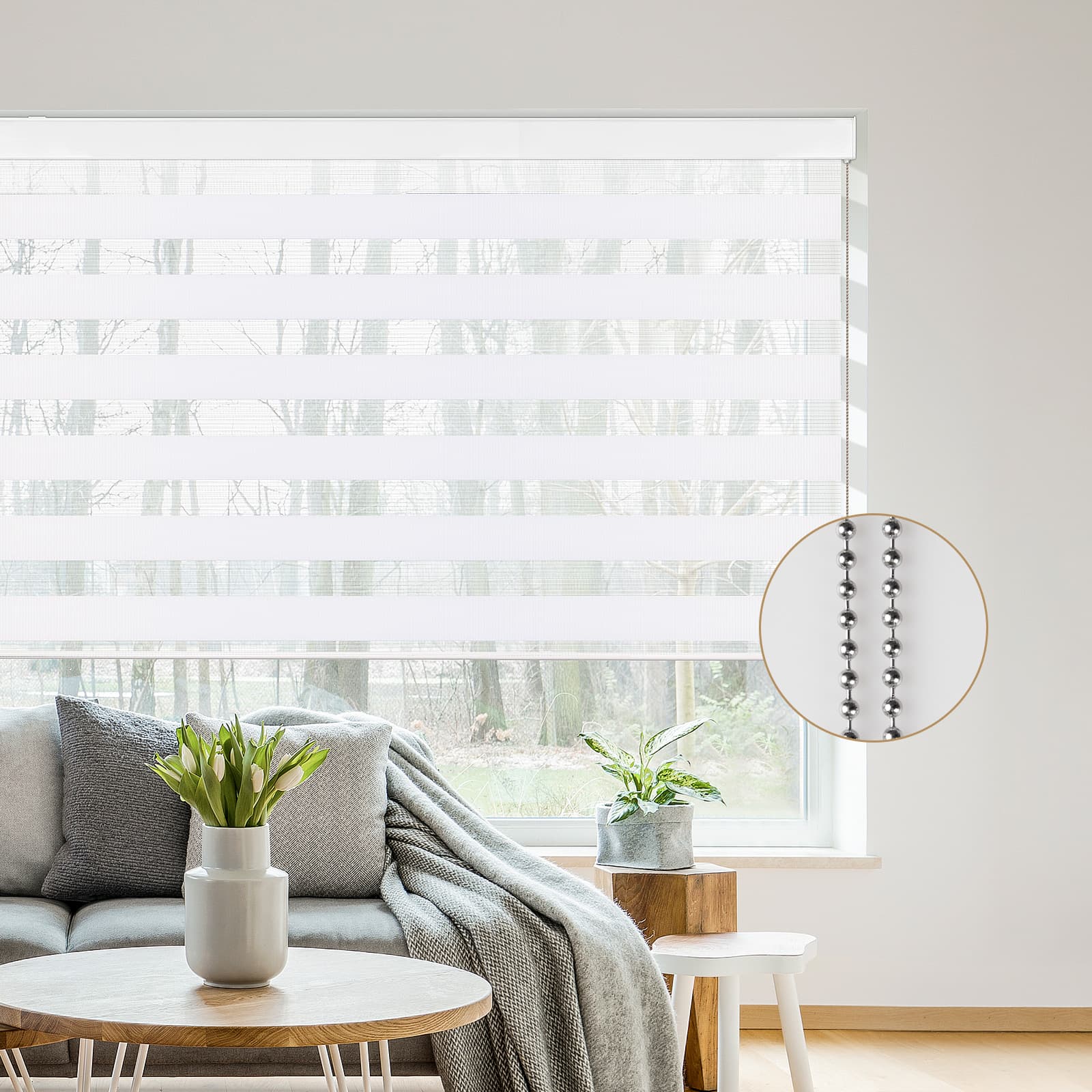 Traditional window blinds with cords still provide reliable light and privacy control.